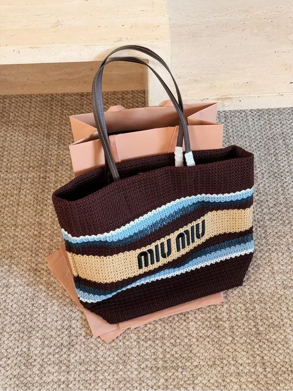 Miu Miu Brown Crochet Stripe Tote Bag